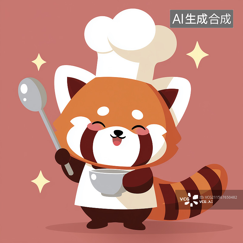 【AI数字艺术】戴着厨师帽拿着勺子的红熊猫卡通形象，双色扁平设计，适用于食品行业概念图片素材
