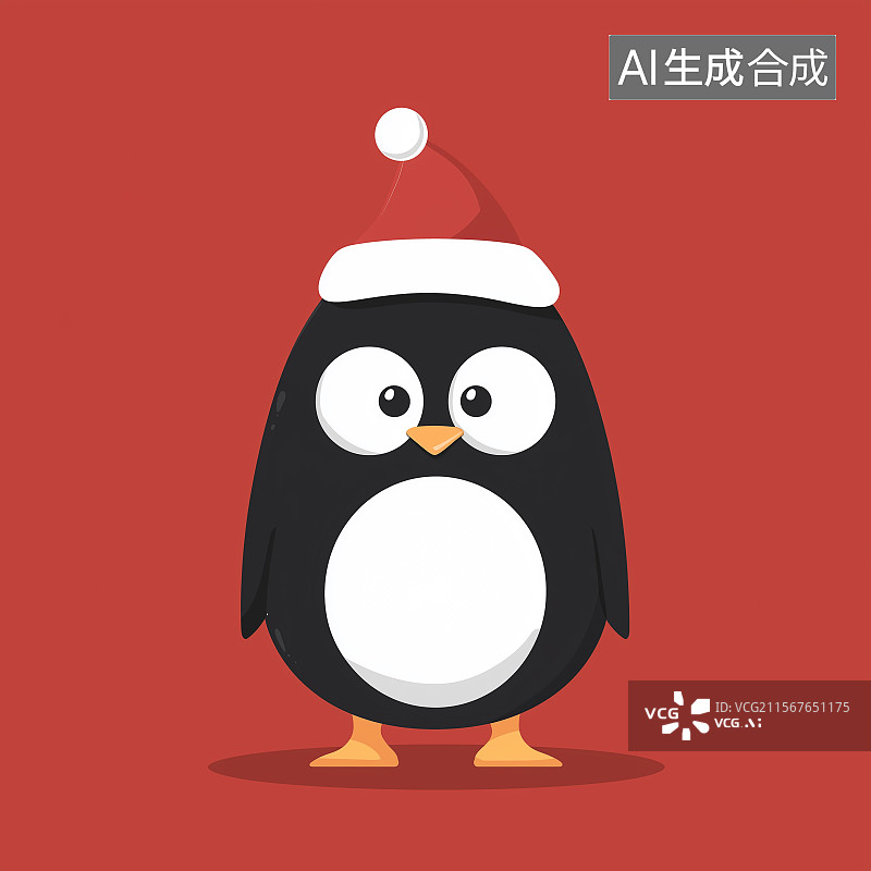 【AI数字艺术】欢快的平面风格企鹅，戴着圣诞帽，呈现红白配色，有着夸张的圆眼睛，以全身视角展现，适用于矢量风格商业设图片素材