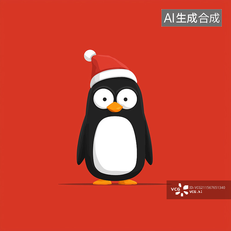 【AI数字艺术】欢快的平面风格企鹅，戴着圣诞帽，呈现红白配色，有着夸张的圆眼睛，以全身视角展现，适用于矢量风格商业设图片素材