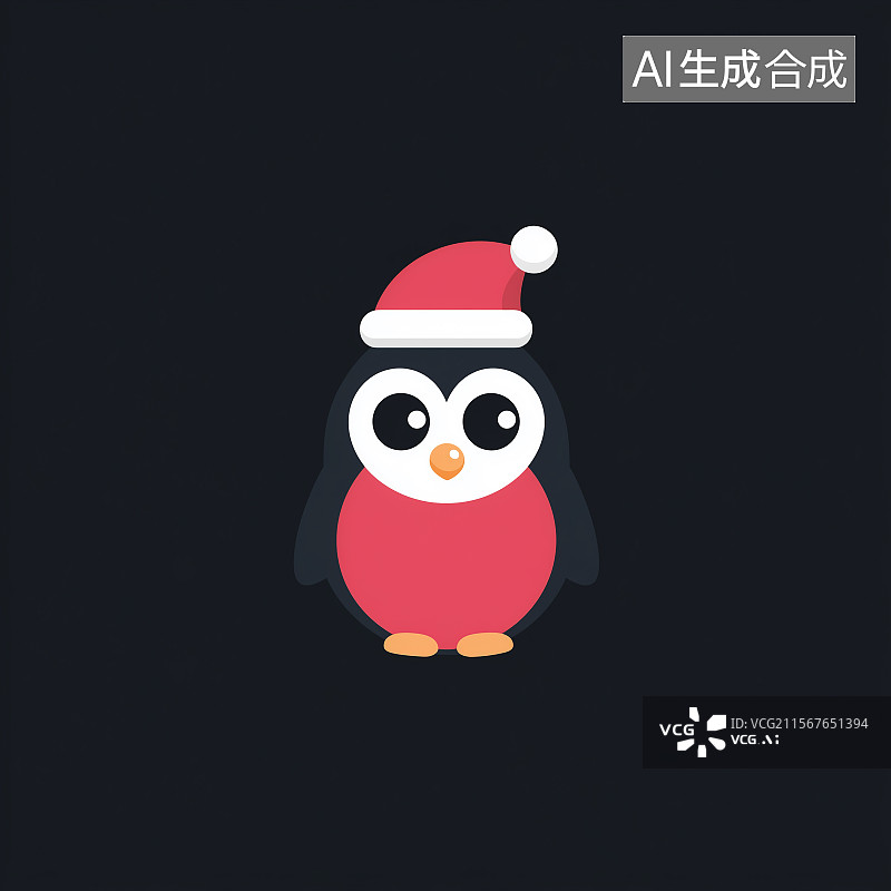 【AI数字艺术】欢快的平面风格企鹅，戴着圣诞帽，呈现红白配色，有着夸张的圆眼睛，以全身视角展现，适用于矢量风格商业设图片素材