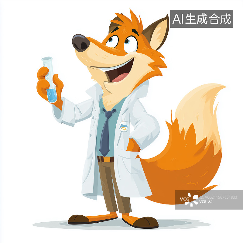 【AI数字艺术】穿着实验室外套的卡通狐狸科学家手持试管，透明背景上的简洁平面插画搭配鲜艳色彩。图片素材