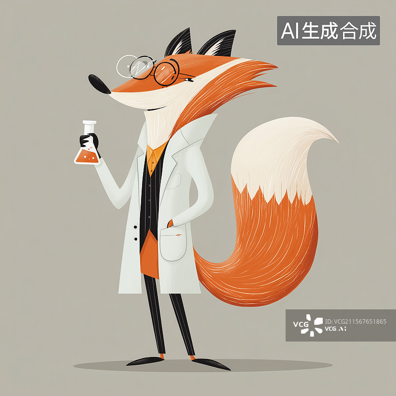 【AI数字艺术】穿着实验室外套的卡通狐狸科学家手持试管，透明背景上的简洁平面插画搭配鲜艳色彩。图片素材