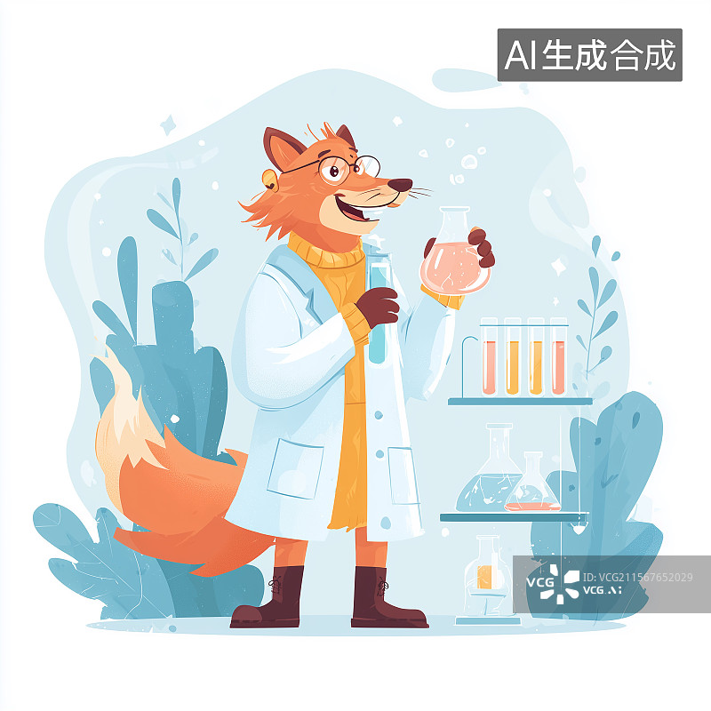 【AI数字艺术】穿着实验室外套的卡通狐狸科学家手持试管，透明背景上的简洁平面插画搭配鲜艳色彩。图片素材