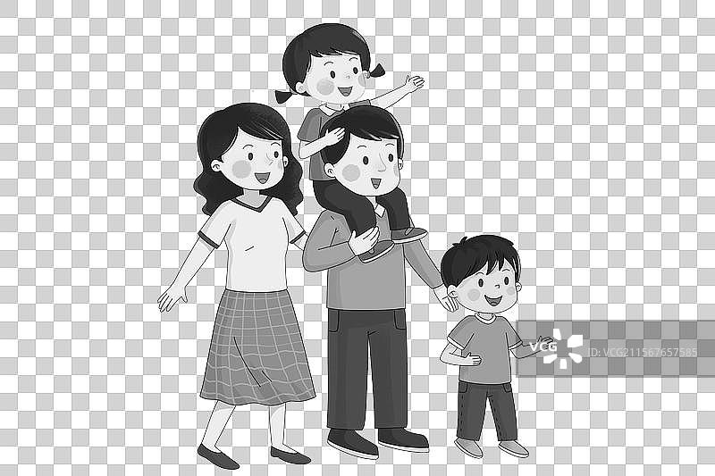 一家四口黑白插画图片素材