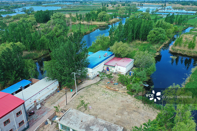 碧水接天湖连湖，雄安璀璨升明珠荷花香艳无穷尽，游船飞艇伴雁鹭世外桃源传千古，渔翁鸬鹚舟横渡图片素材