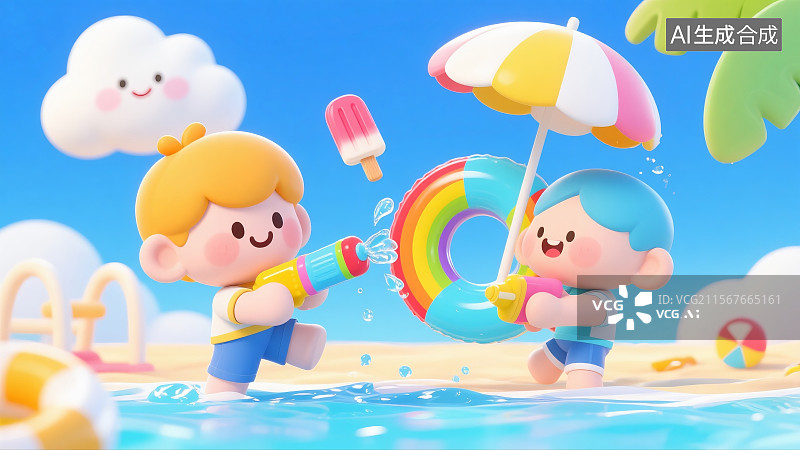 【AI数字艺术】六一Q版儿童打水仗彩虹泳圈冰棍云朵图片素材