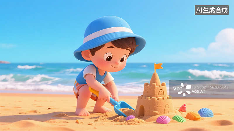 【AI数字艺术】儿童海边挖沙小铲子堆沙堡图片素材