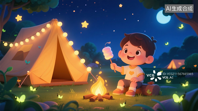 【AI数字艺术】夏夜露营地儿童举烤棉花糖帐篷亮星星灯图片素材