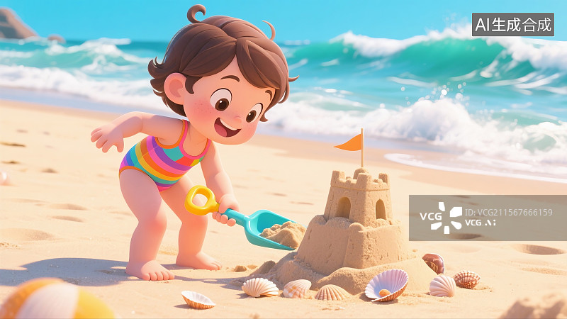 【AI数字艺术】儿童海边挖沙小铲子堆沙堡图片素材
