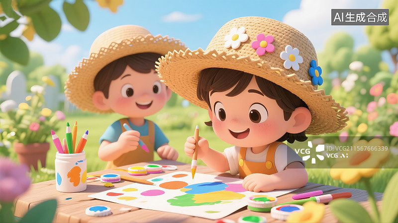 【AI数字艺术】六一儿童节戴草帽孩子在花园画画图片素材