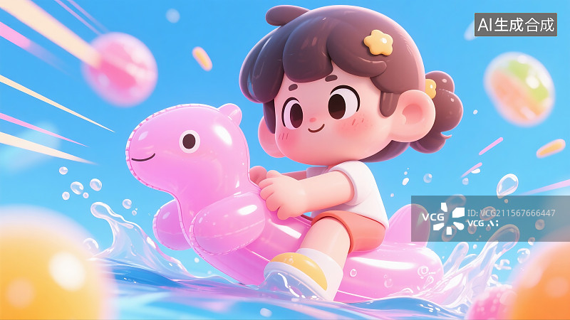 【AI数字艺术】六一儿童骑充气玩具泳池玩水场景图片素材