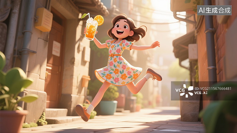 【AI数字艺术】女孩胡同跳跃动碎花裙角冰镇橘子汽水图片素材