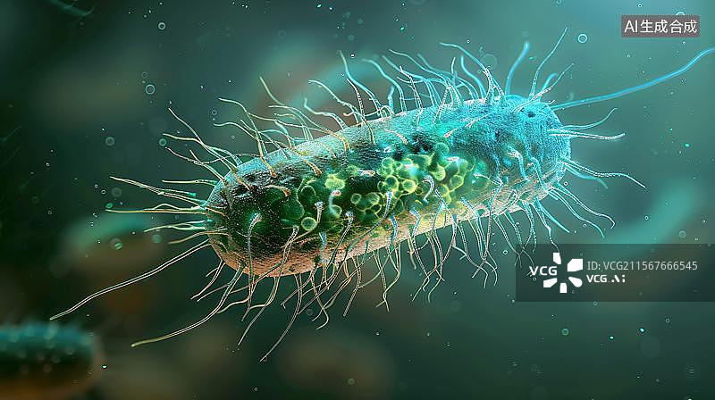 【AI数字艺术】大肠杆菌细菌，生物医药科技背景图 微观世界的细菌   科技感微生物特写背景图片素材