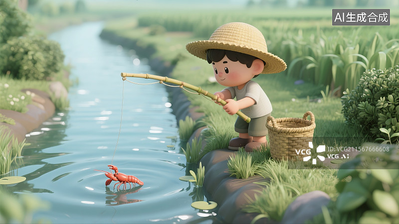 【AI数字艺术】儿童钓龙虾田边水渠竹竿小水桶草帽图片素材