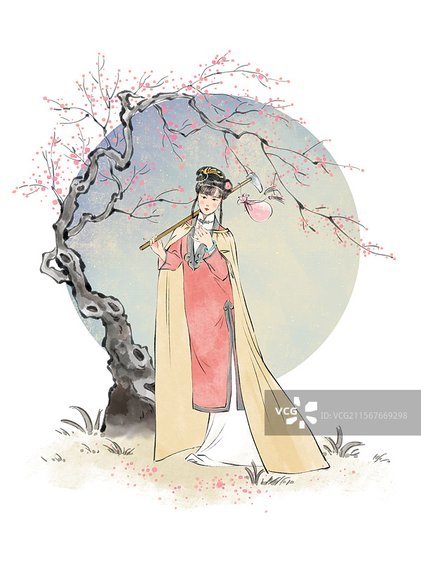 红楼梦典故插画，林黛玉葬花。图片素材