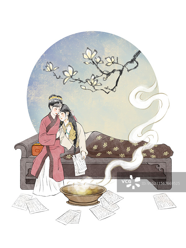 红楼梦典故插画，林黛玉焚稿断痴情。图片素材