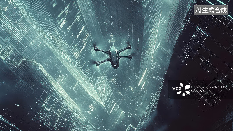 【AI数字艺术】赛博朋克都市无人机激光夜巡图片素材