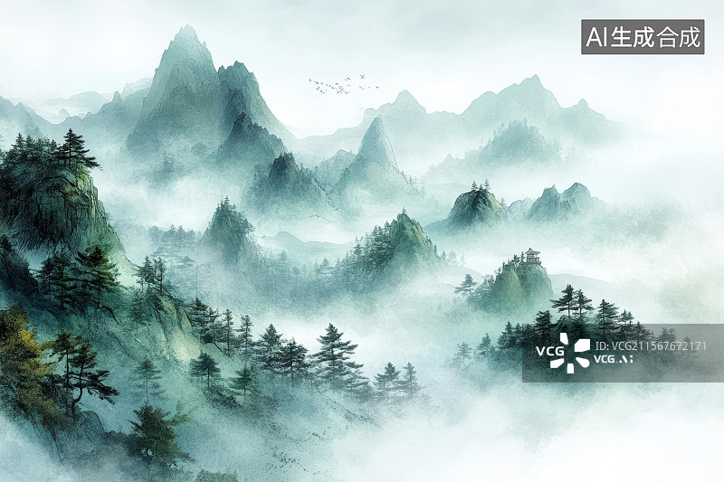 【AI数字艺术】云雾山水间的古韵楼阁图片素材