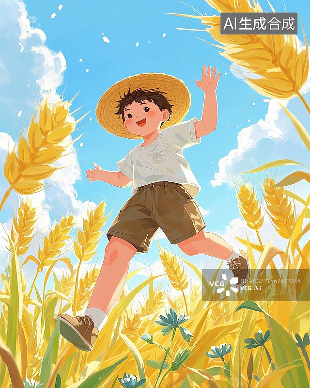 【AI数字艺术】小朋友在麦田里奔跑图片素材