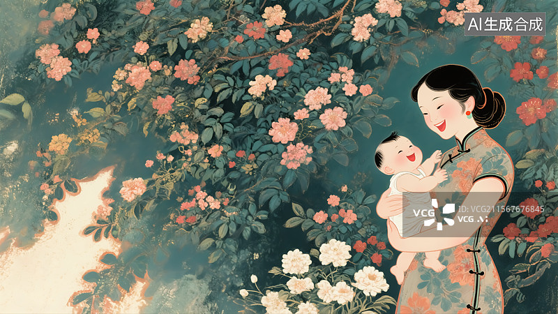 【AI数字艺术】母亲抱着孩子在花丛里插画图片素材
