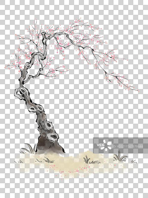 国风手绘水墨风假山石与植物鲜花树元素。图片素材