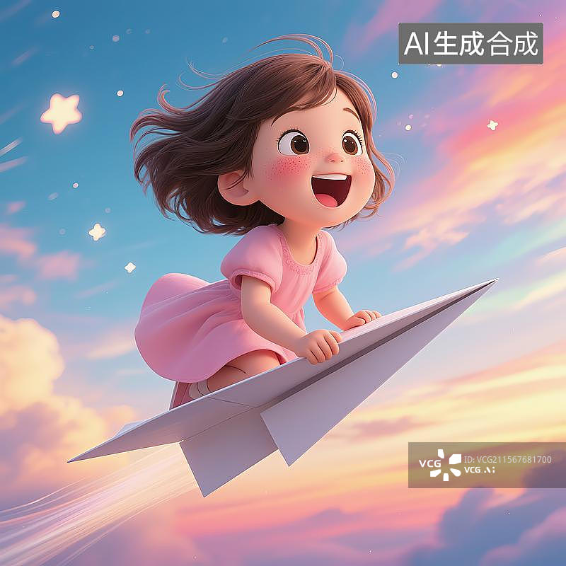 【AI数字艺术】儿童节坐在飞机上的小女孩图片素材