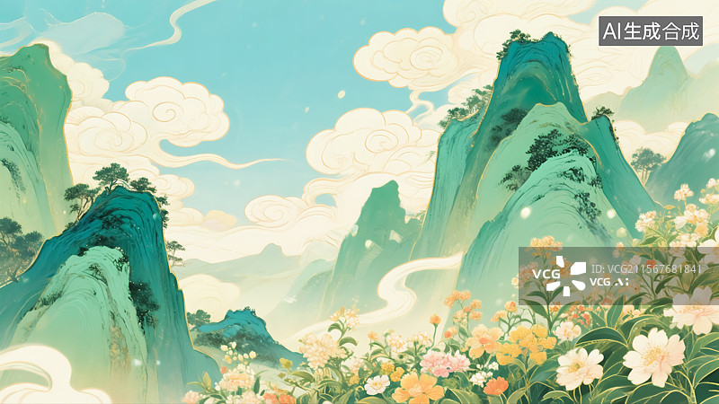 【AI数字艺术】青山云海繁花插画图片素材
