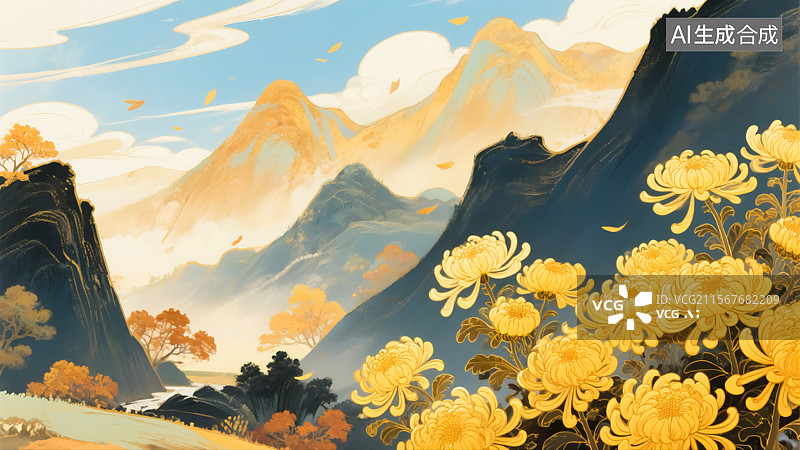 【AI数字艺术】国潮山水菊花插画图片素材