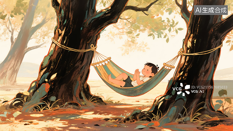 【AI数字艺术】儿童在大树吊床上欢乐玩耍插画图片素材
