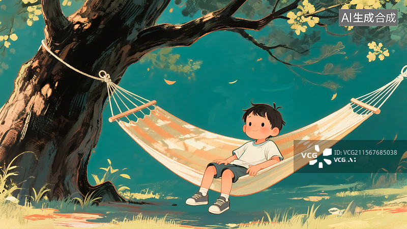 【AI数字艺术】儿童在大树吊床上欢乐玩耍插画图片素材