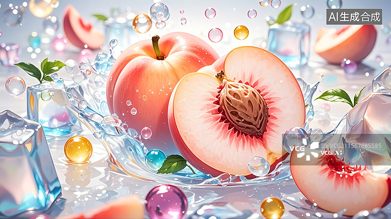 【AI数字艺术】冰水中的水蜜桃三维插画图片素材