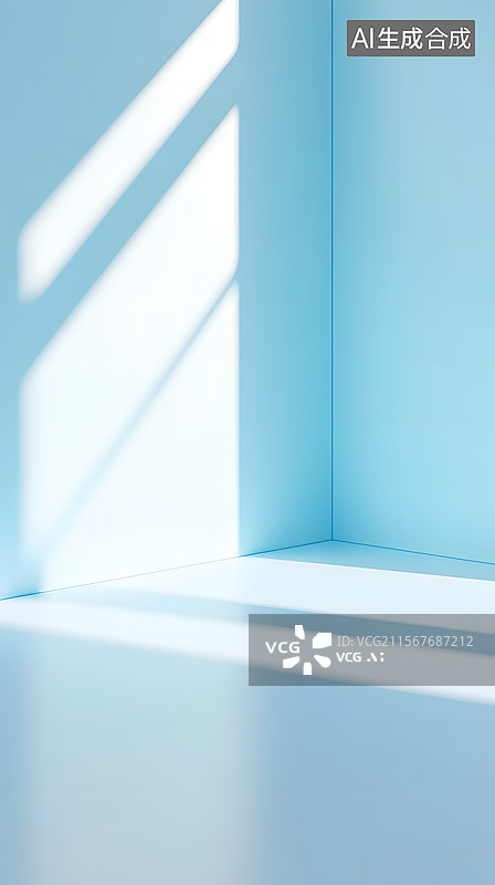 【AI数字艺术】阳光透过窗户照射在蓝色墙面上图片素材