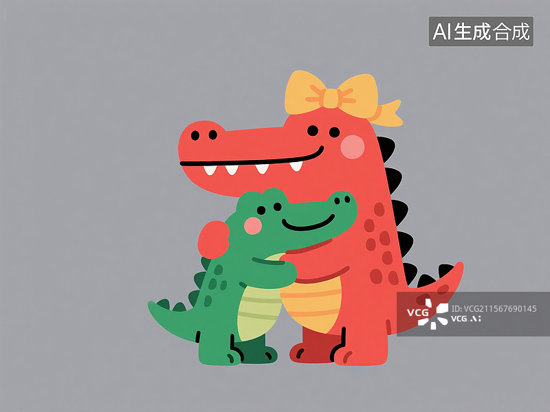 【AI数字艺术】扁平插画中抱在一起的卡通鳄鱼图片素材