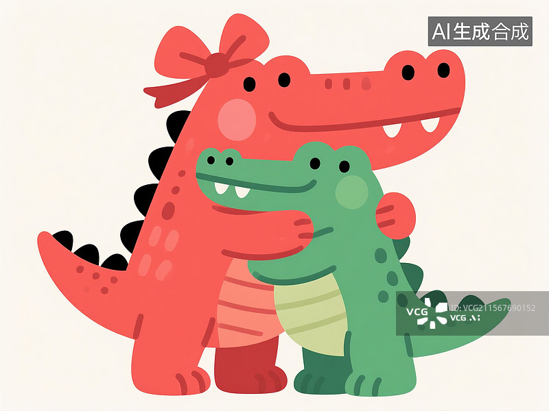 【AI数字艺术】扁平插画中抱在一起的卡通鳄鱼图片素材
