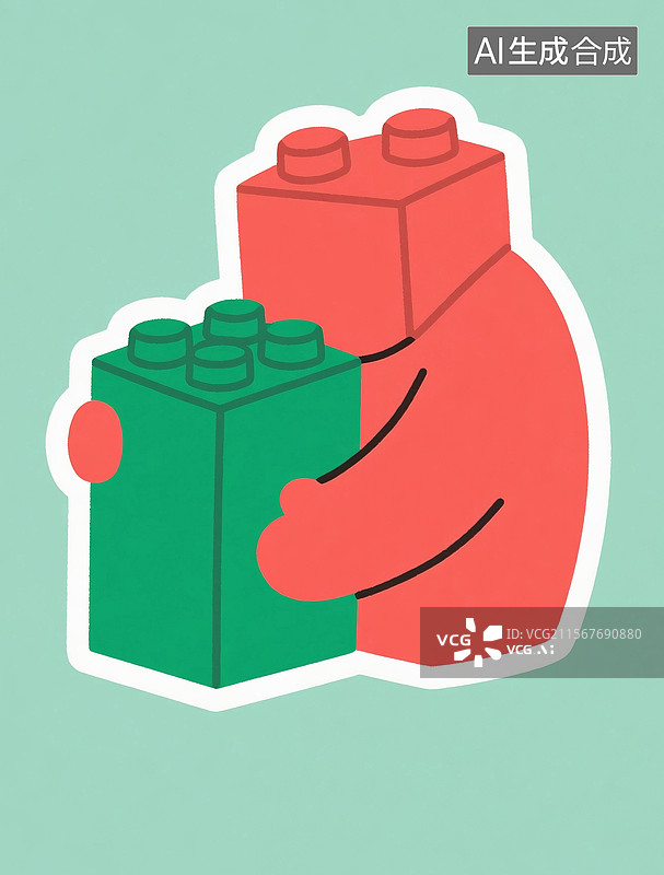 【AI数字艺术】色彩饱和的扁平插画中抱在一起的积木图片素材