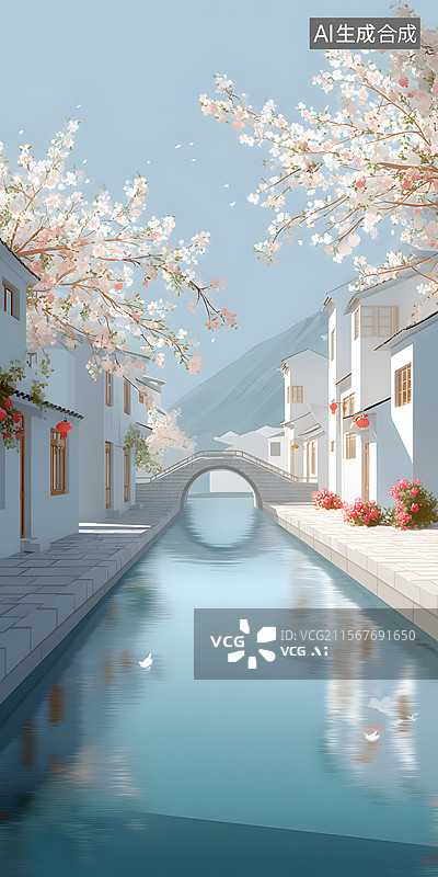 【AI数字艺术】水乡春景图图片素材