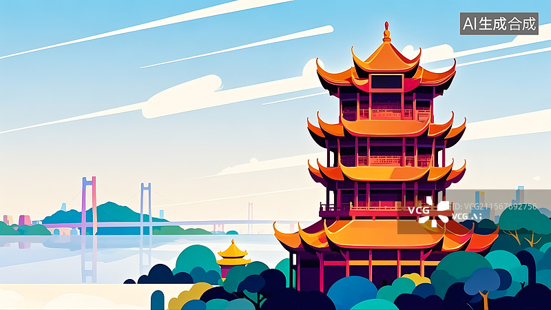 【AI数字艺术】传统宝塔建筑插画图片素材