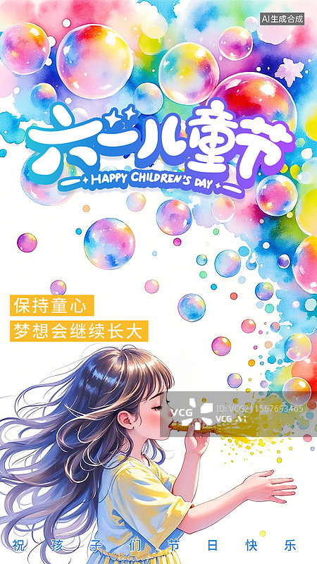 【AI数字艺术】儿童节吹彩色泡泡的女孩水彩插画模板图片素材