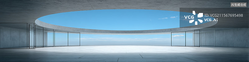 【AI数字艺术】汽车广告背景极简圆形现代展厅建筑外立面设计天空白云商业背景图片素材