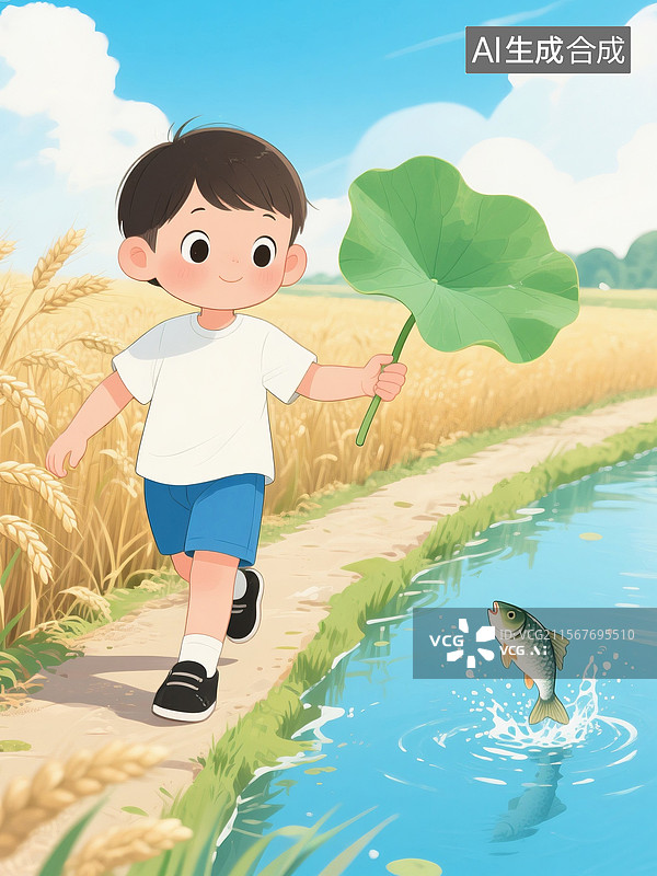 【AI数字艺术】小满节气麦田旁田埂上的孩童图片素材
