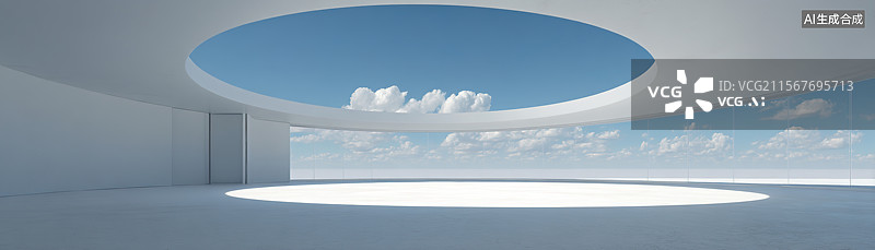 【AI数字艺术】汽车广告背景极简圆形现代展厅建筑外立面设计天空白云商业背景图片素材