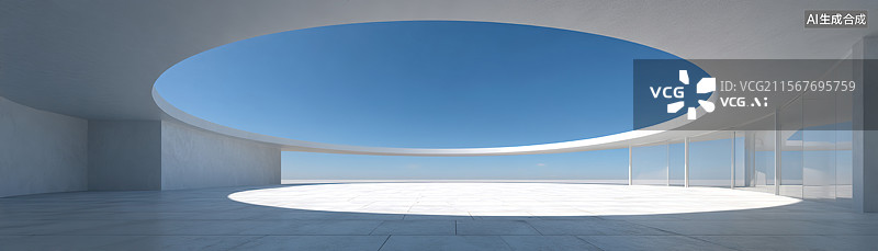 【AI数字艺术】汽车广告背景极简圆形现代展厅建筑外立面设计天空白云商业背景图片素材