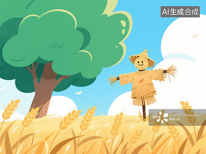 【AI数字艺术】小满节气麦田里的稻草人扁平插画图片素材