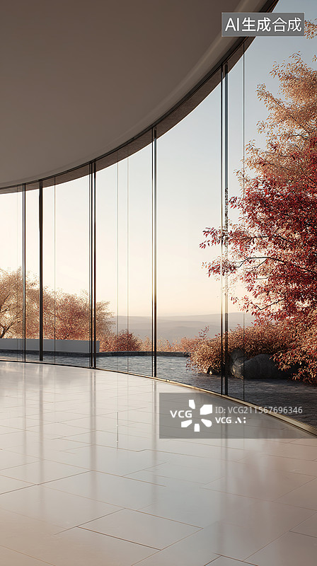 【AI数字艺术】汽车广告背景现代展厅建筑外立面现代主义圆形房间俯瞰秋季森林全景汽车展厅和自驾游自然风光抽象商业图片素材