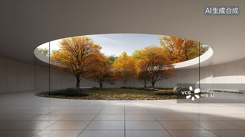 【AI数字艺术】汽车广告背景现代展厅建筑外立面现代主义圆形房间俯瞰秋季森林全景汽车展厅和自驾游自然风光抽象商业图片素材