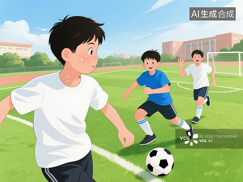 【AI数字艺术】校园操场上踢足球的小学生图片素材