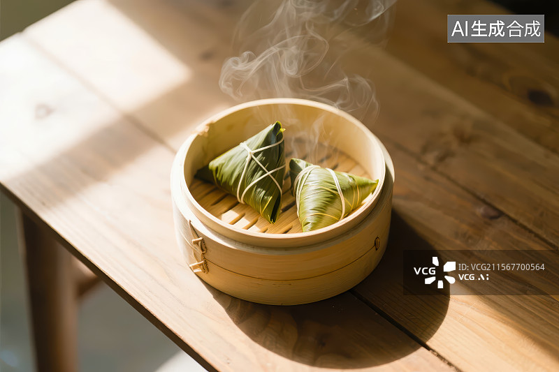 【AI数字艺术】木桌子上蒸笼里热气腾腾的粽子图片素材