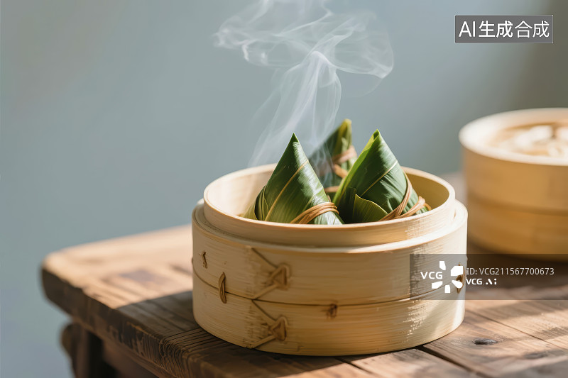 【AI数字艺术】木桌子上蒸笼里热气腾腾的粽子图片素材