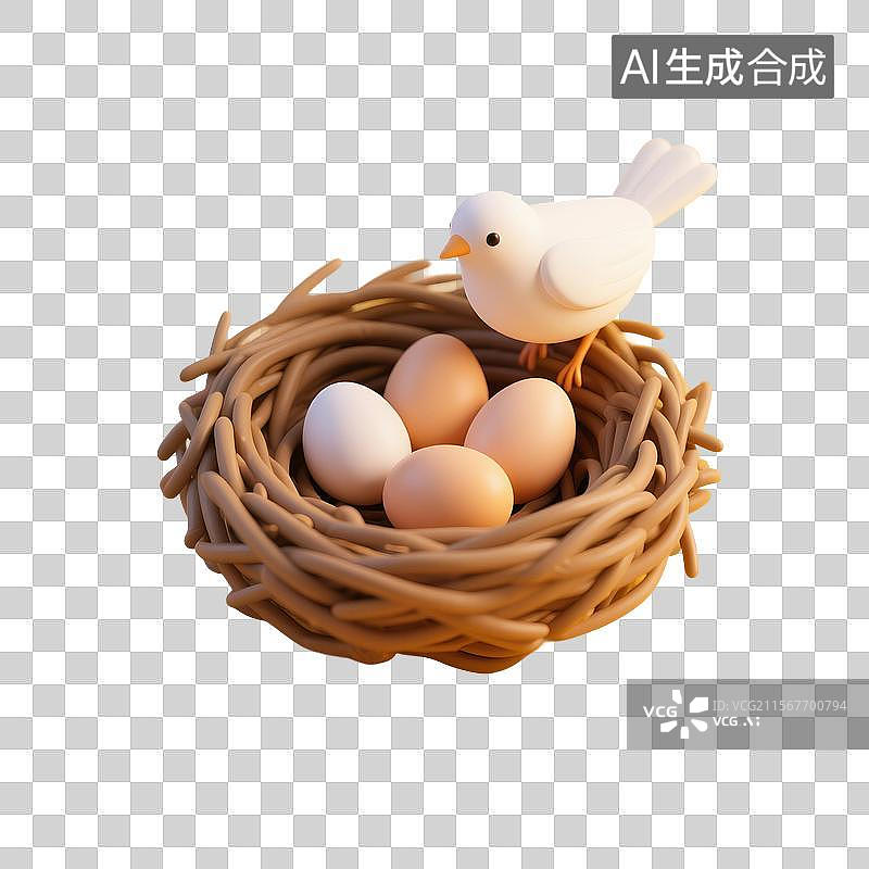 【AI数字艺术】3D渲染，鸟巢，鸟窝，鸟蛋，小鸟，免抠元素图片素材