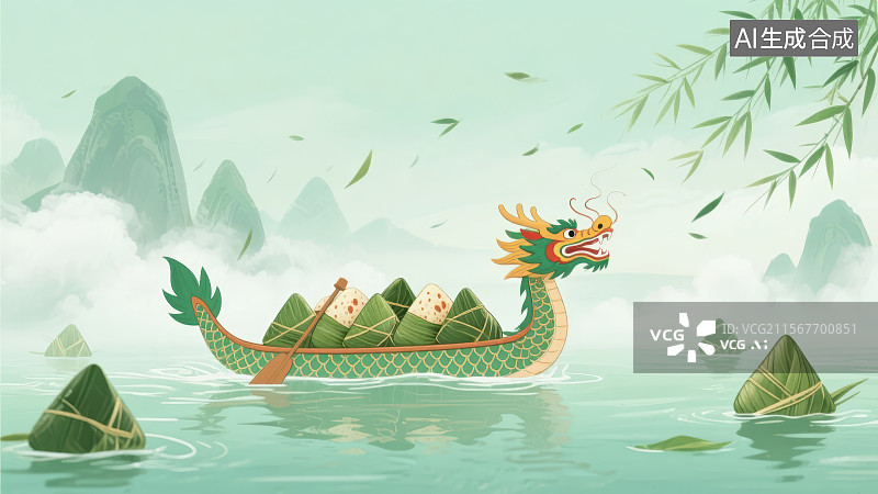【AI数字艺术】中国传统文化端午节赛龙舟吃粽子主题背景图片素材